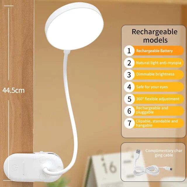 Table Lamp USB Rechargeable Desk Lamp With Clip Bed Reading Book Night Light LED Touch 3 Modes Dimming Eye Protection Light