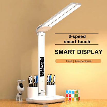 Rechargeable Table Lamp for Study, Desk Lamp Reading Light Led Table Light with Fan, Led Clock Dispaly Reading Lamp