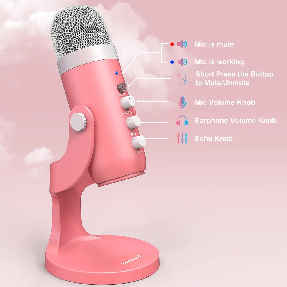 Professional Usb Recording Microphone Pink Condenser Mic For PC Laptop Computer Streaming Video Gaming YouTube Podcasting Vocals