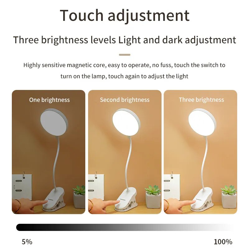 Table Lamp USB Rechargeable Desk Lamp With Clip Bed Reading Book Night Light LED Touch 3 Modes Dimming Eye Protection Light