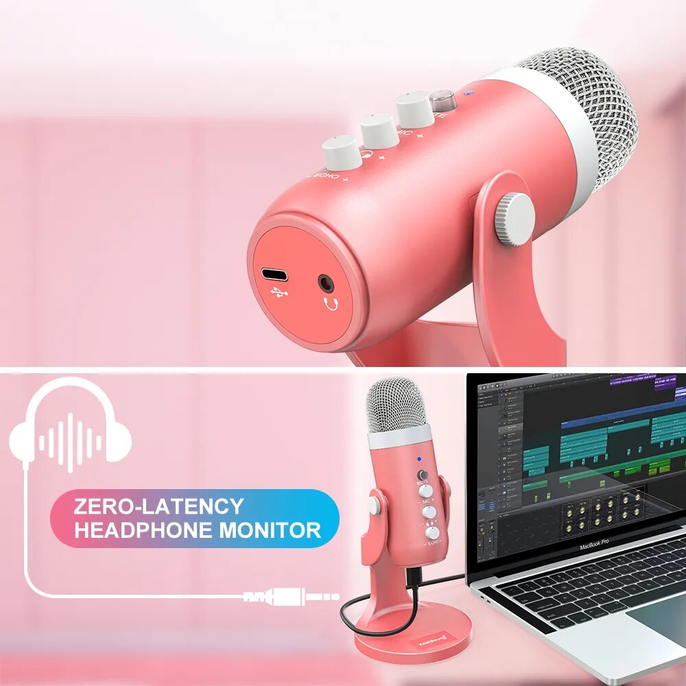 Professional Usb Recording Microphone Pink Condenser Mic For PC Laptop Computer Streaming Video Gaming YouTube Podcasting Vocals